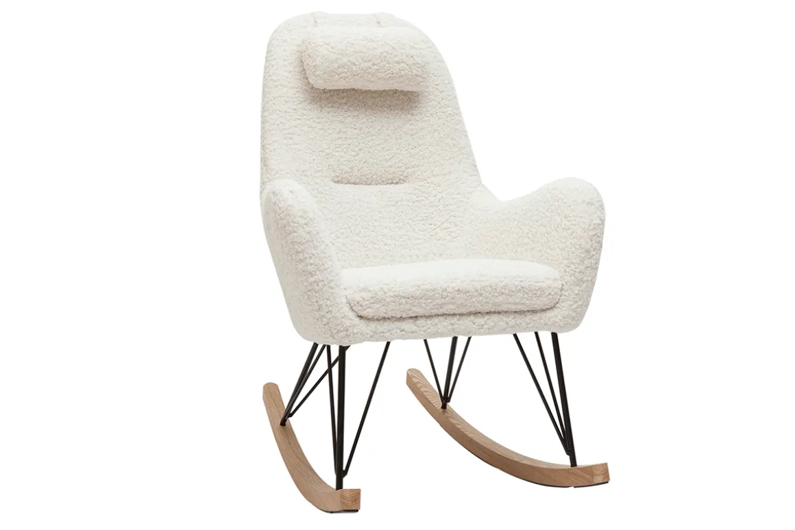 Miliboo Rocking Chair|Voir Tous Les Fauteuils-Rocking chair scandinave en tissu effet peau de mouton blanc, métal noir et bois clair MANIA
