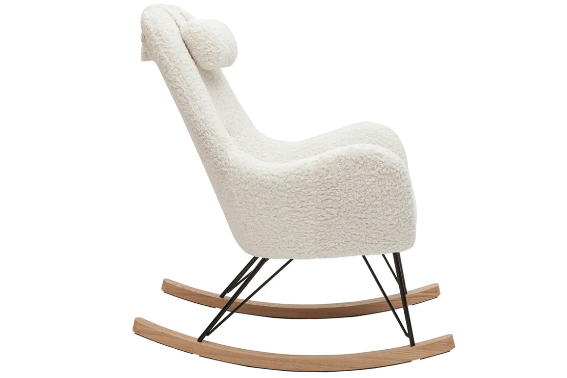Miliboo Rocking Chair|Voir Tous Les Fauteuils-Rocking chair scandinave en tissu effet peau de mouton blanc, métal noir et bois clair MANIA
