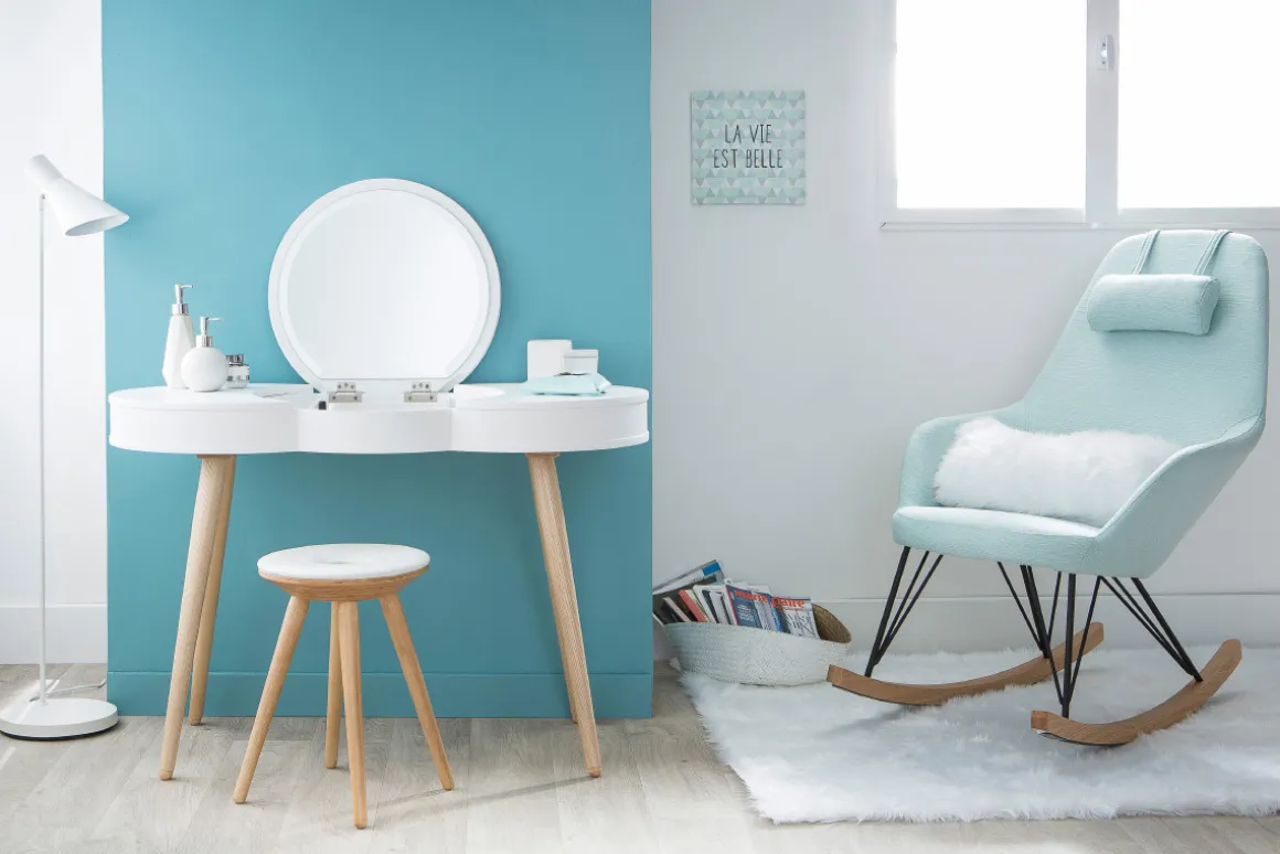 Miliboo Rocking Chair|Voir Tous Les Fauteuils-Rocking chair scandinave en tissu menthe à l'eau, métal noir et bois clair JHENE