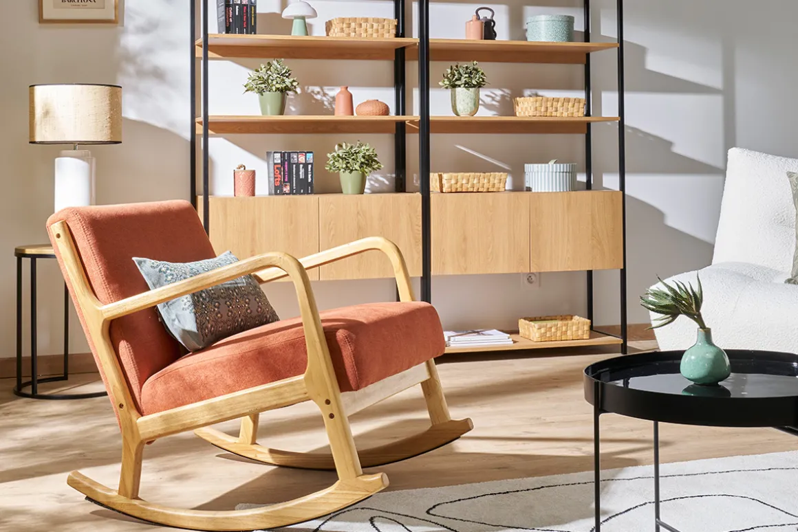 Miliboo Rocking Chair|Voir Tous Les Fauteuils-Rocking chair scandinave en tissu effet velours terre brûlée et bois clair massif DERRY