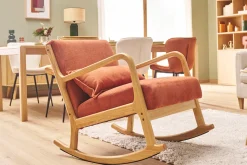 Miliboo Rocking Chair|Voir Tous Les Fauteuils-Rocking chair scandinave en tissu effet velours terre brûlée et bois clair massif DERRY