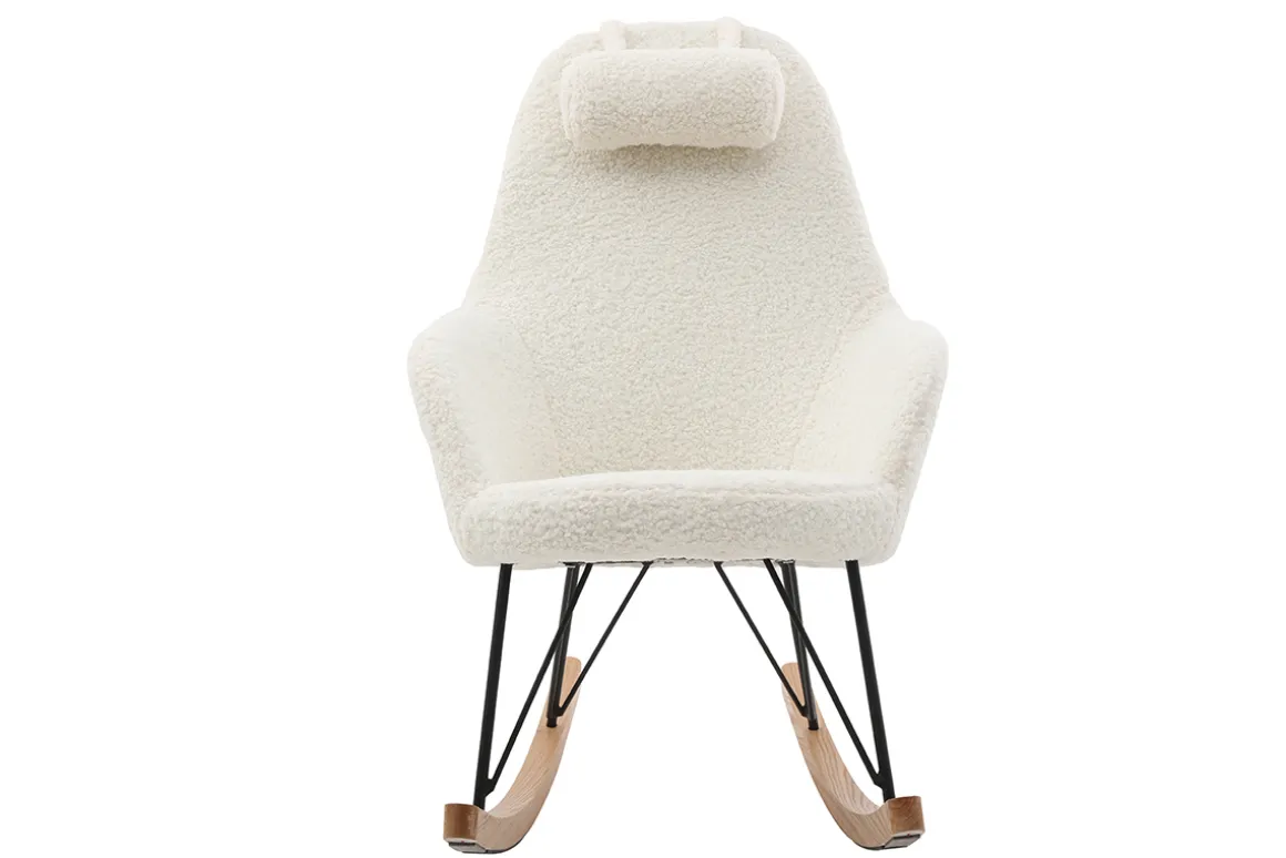 Miliboo Rocking Chair|Voir Tous Les Fauteuils-Rocking chair scandinave en tissu effet peau de mouton blanc, métal noir et bois clair JHENE