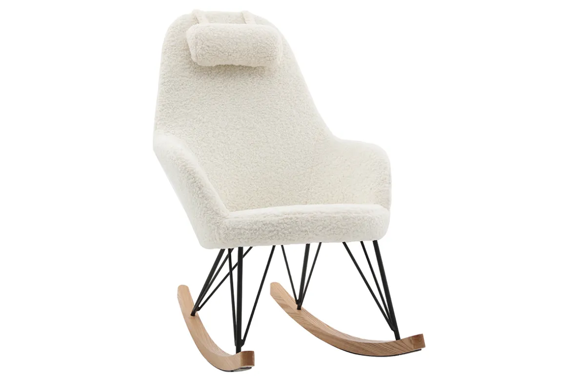 Miliboo Rocking Chair|Voir Tous Les Fauteuils-Rocking chair scandinave en tissu effet peau de mouton blanc, métal noir et bois clair JHENE