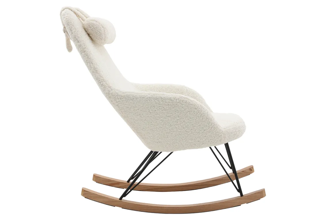 Miliboo Rocking Chair|Voir Tous Les Fauteuils-Rocking chair scandinave en tissu effet peau de mouton blanc, métal noir et bois clair JHENE