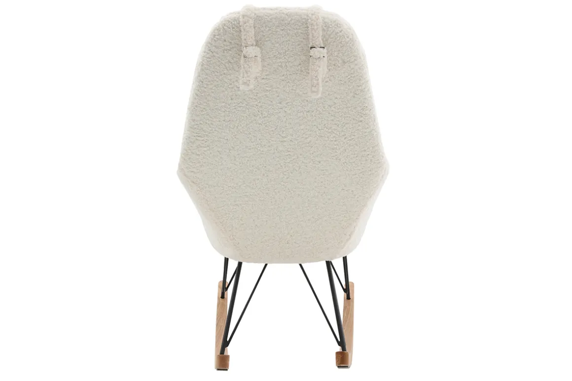 Miliboo Rocking Chair|Voir Tous Les Fauteuils-Rocking chair scandinave en tissu effet peau de mouton blanc, métal noir et bois clair JHENE