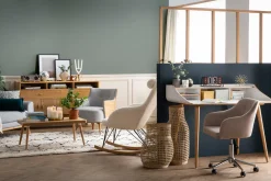 Miliboo Rocking Chair|Voir Tous Les Fauteuils-Rocking chair scandinave en tissu effet peau de mouton blanc, métal noir et bois clair JHENE