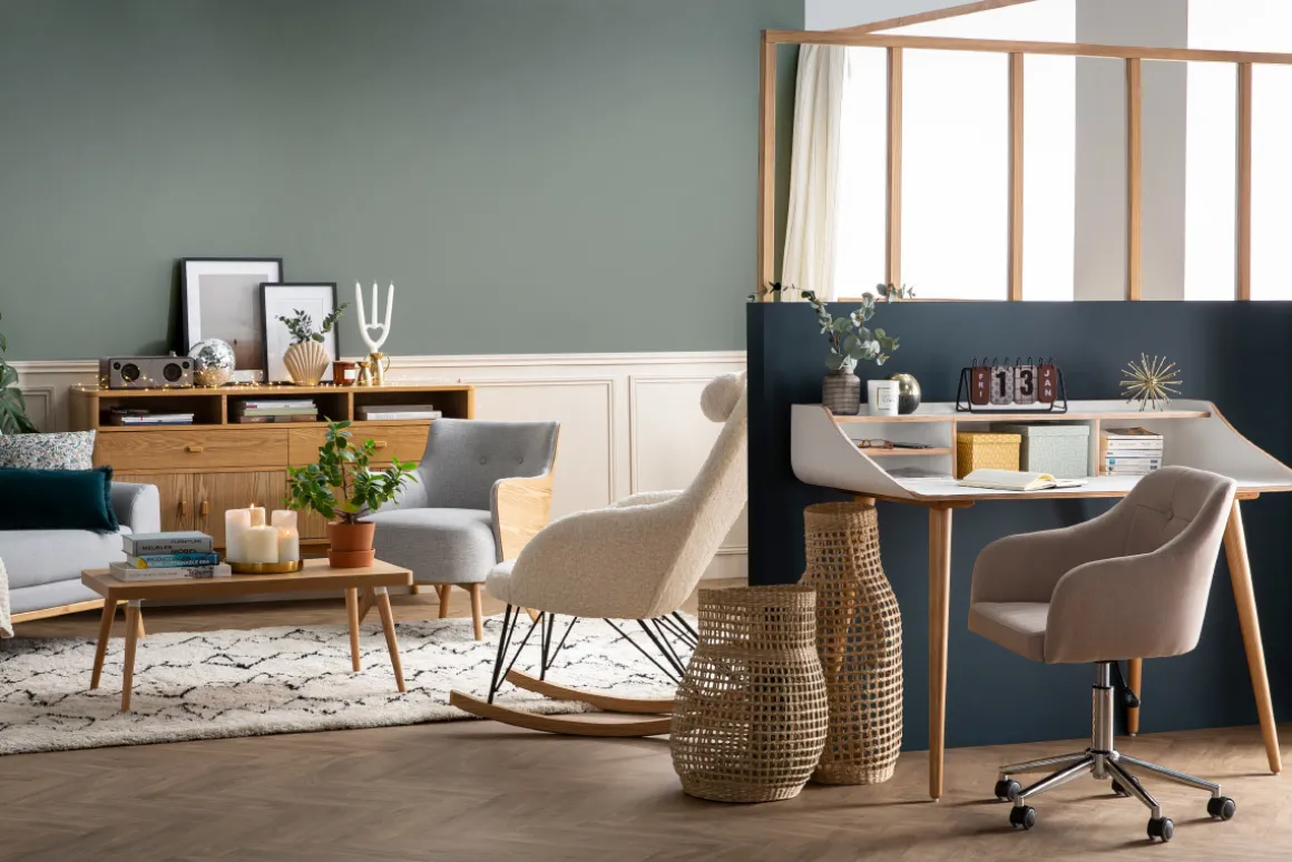 Miliboo Rocking Chair|Voir Tous Les Fauteuils-Rocking chair scandinave en tissu effet peau de mouton blanc, métal noir et bois clair JHENE