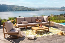 Miliboo Salon De Jardin-Salon de jardin d'angle 6-8 places en bois massif avec coussins déhoussables taupe SALSA