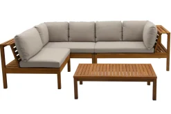 Miliboo Salon De Jardin-Salon de jardin d'angle 6 places en bois massif avec coussins déhoussables taupe BELIZE