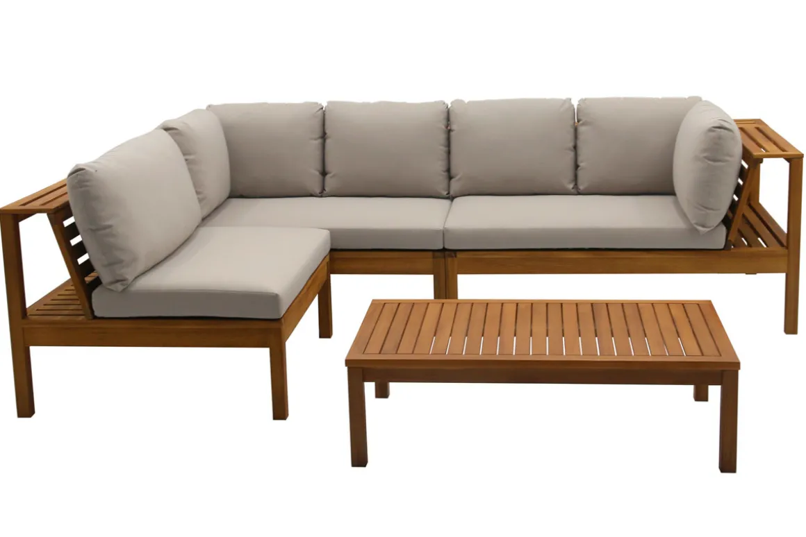Miliboo Salon De Jardin-Salon de jardin d'angle 6 places en bois massif avec coussins déhoussables taupe BELIZE