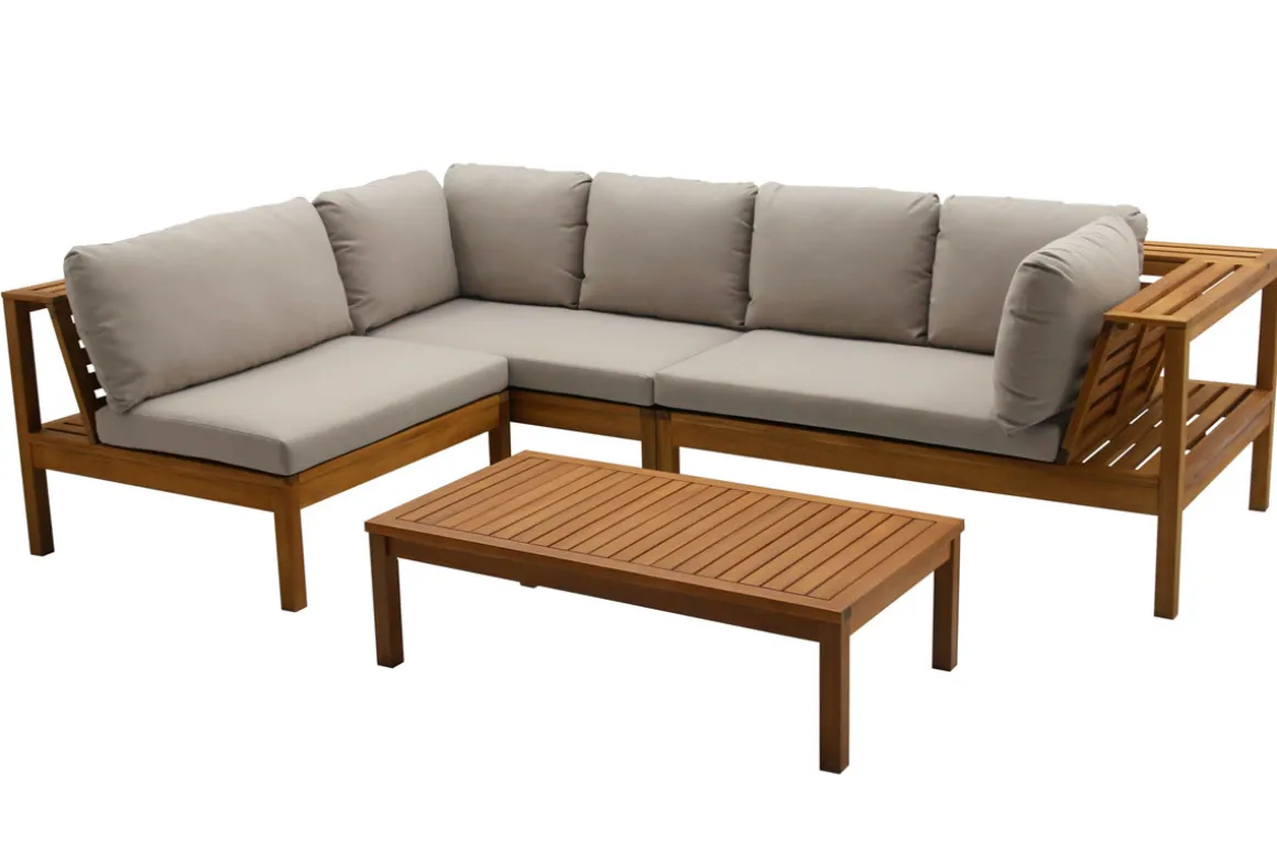 Miliboo Salon De Jardin-Salon de jardin d'angle 6 places en bois massif avec coussins déhoussables taupe BELIZE