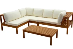 Miliboo Salon De Jardin-Salon de jardin d'angle 6 places en bois massif avec coussins déhoussables beige naturel BELIZE