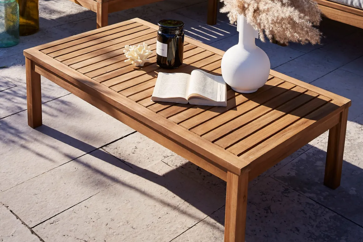 Miliboo Salon De Jardin-Salon de jardin d'angle 6 places en bois massif avec coussins déhoussables beige naturel BELIZE