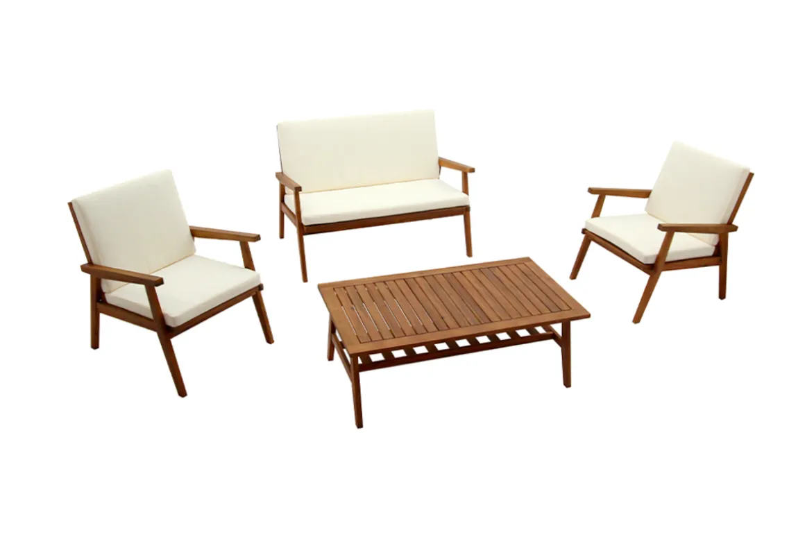 Miliboo Salon De Jardin-Salon de jardin en bois massif avec coussins déhoussables beige naturel TIAGA