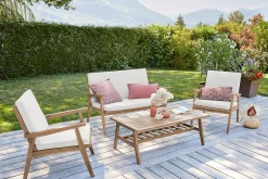 Miliboo Salon De Jardin-Salon de jardin en bois massif avec coussins déhoussables beige naturel TIAGA