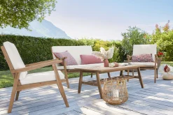 Miliboo Salon De Jardin-Salon de jardin en bois massif avec coussins déhoussables beige naturel TIAGA