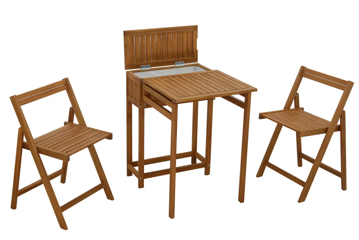 Miliboo Table De Jardin-Set de 2 chaises pliantes et 1 table de balcon rabattable avec rangement en bois massif PRADO