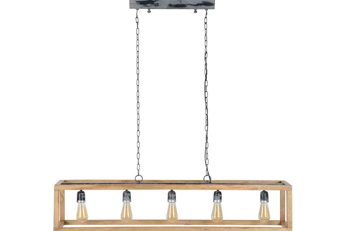 Miliboo Suspension|Suspension-Suspension avec chaînes métalliques et cadre en bois manguier massif 5 ampoules L125 cm BOSCO