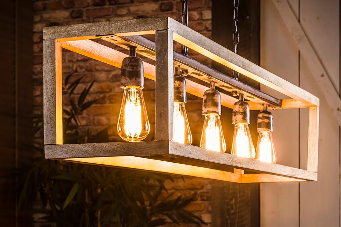 Miliboo Suspension|Suspension-Suspension avec chaînes métalliques et cadre en bois manguier massif 5 ampoules L125 cm BOSCO