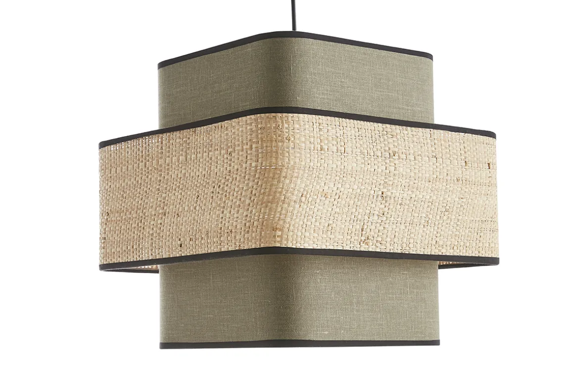 Miliboo Suspension|Suspension-Suspension cube en tissu lin vert kaki et rabane naturelle L35 cm TERA