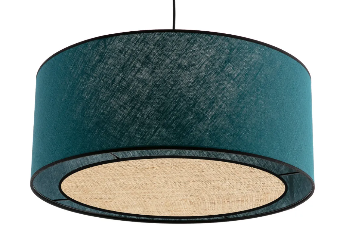 Miliboo Suspension|Suspension-Suspension cylindrique en lin bleu paon et rabane naturelle D50 cm TRAVES