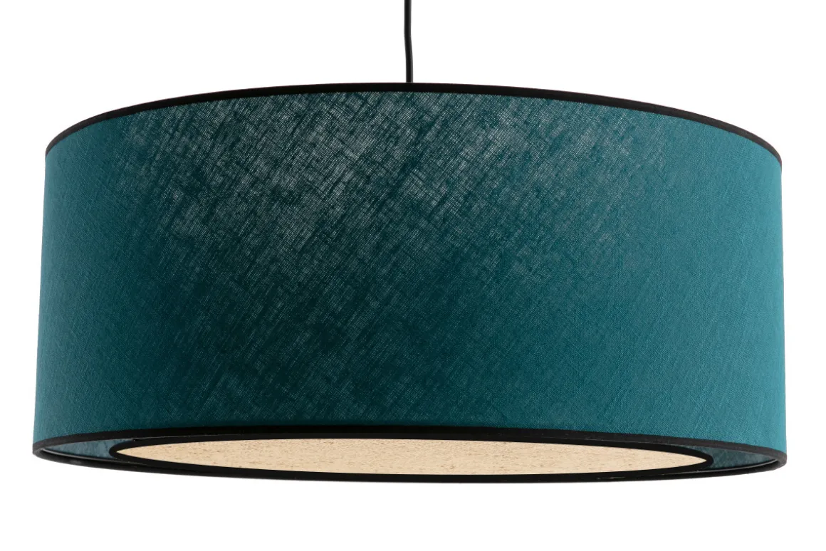 Miliboo Suspension|Suspension-Suspension cylindrique en lin bleu paon et rabane naturelle D50 cm TRAVES