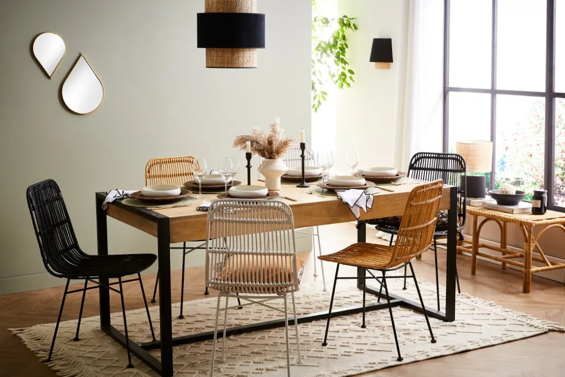 Miliboo Table À Manger Fixe-Table à manger en bois manguier massif et métal noir rectangulaire L175 cm BERGEN