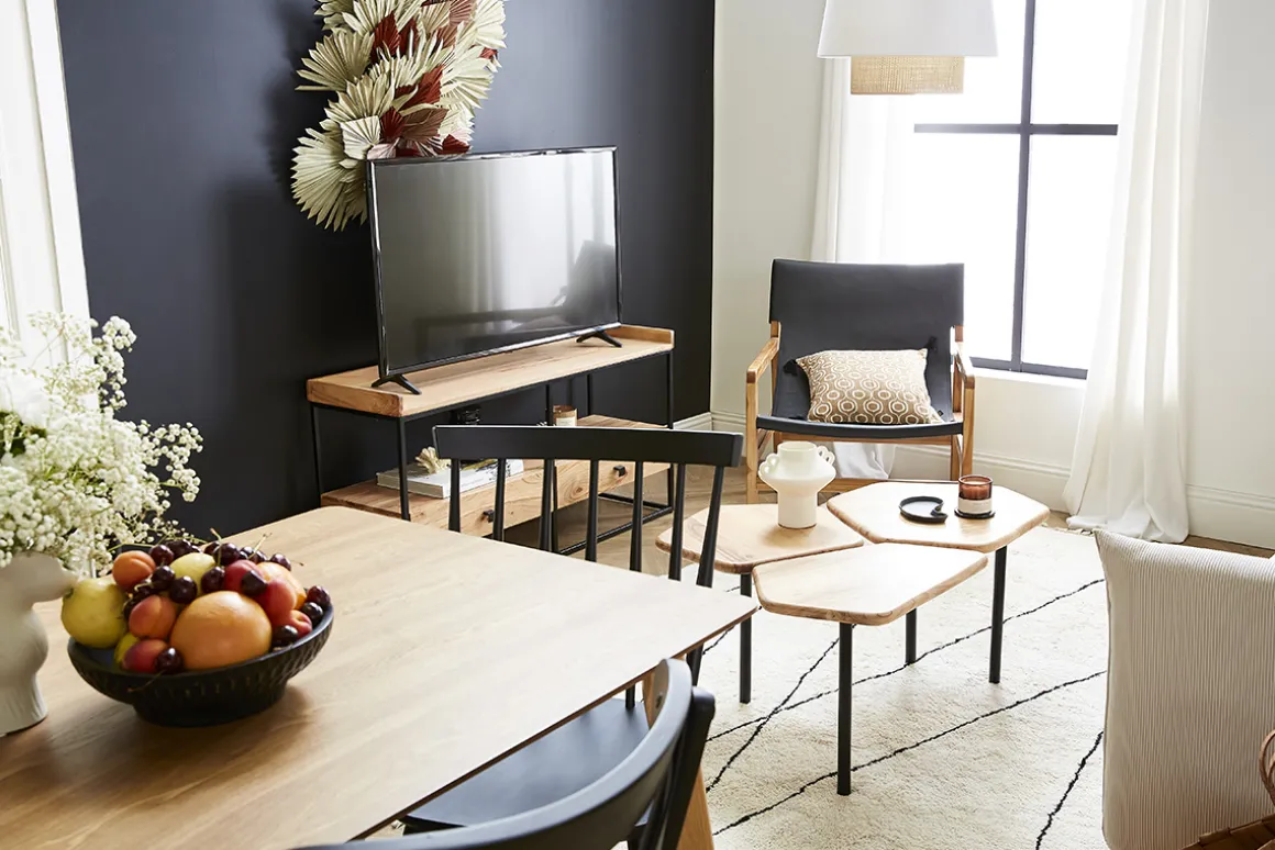 Miliboo Table Basse-Table basse 3 plateaux bois massif et métal noir L95 cm SUZANE