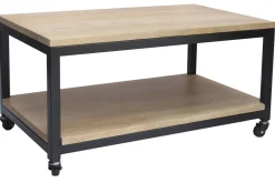 Miliboo Table Basse-Table basse à roulettes industrielle bois manguier massif et métal noir L90 cm FACTORY