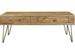 Miliboo Table Basse-Table basse 2 tiroirs gravée bois manguier massif et métal doré L120 cm LINIUM