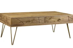 Miliboo Table Basse-Table basse 2 tiroirs gravée bois manguier massif et métal doré L120 cm LINIUM