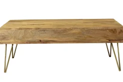 Miliboo Table Basse-Table basse 2 tiroirs gravée bois manguier massif et métal doré L120 cm LINIUM