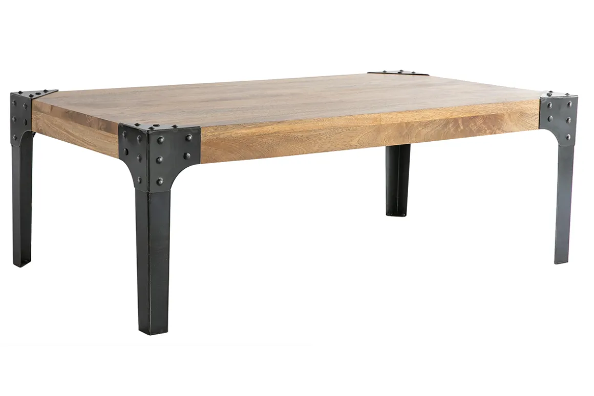 Miliboo Table Basse-Table basse rectangulaire industrielle bois manguier massif et métal noir L100 cm MADISON
