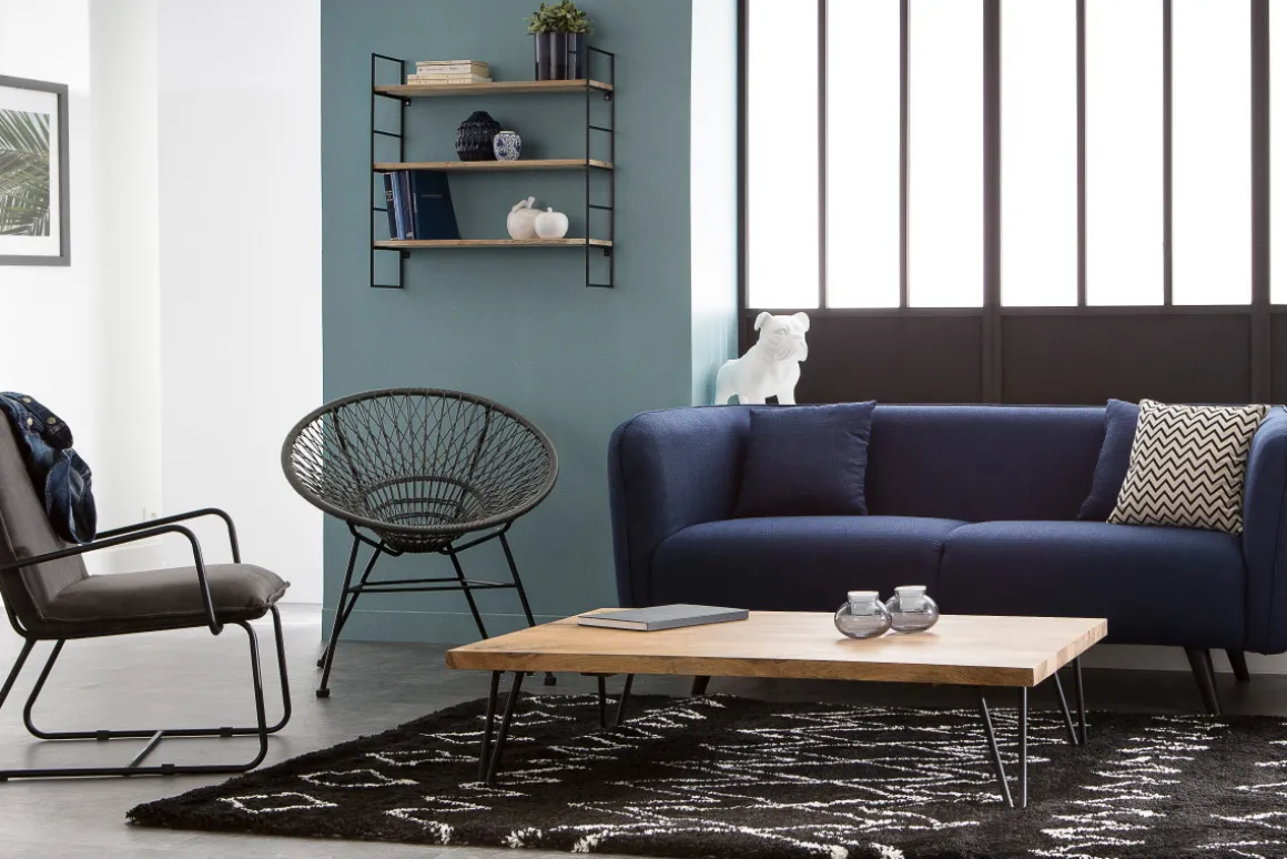 Miliboo Table Basse-Table basse rectangulaire bois manguier massif et métal noir L117 cm VIBES