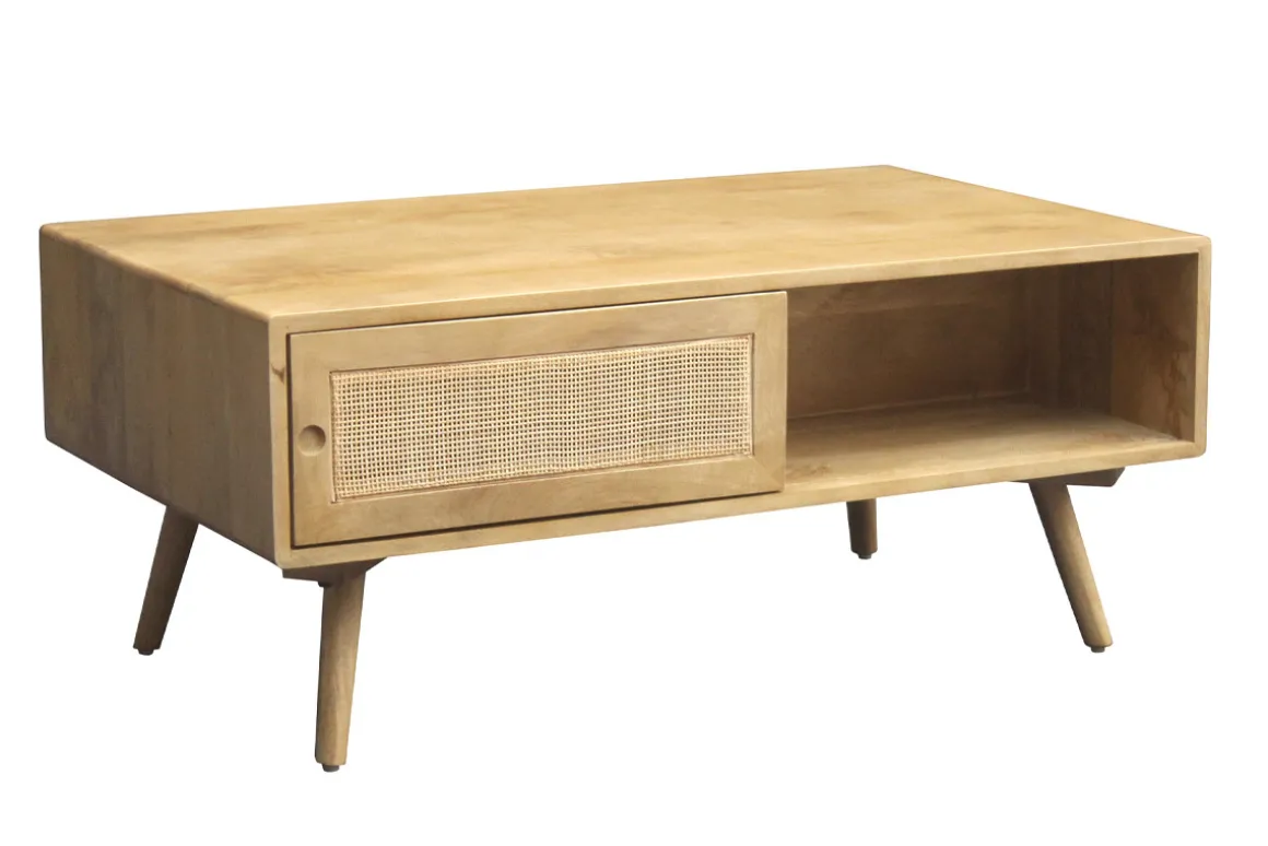 Miliboo Table Basse-Table basse rectangulaire avec rangements en bois manguier massif et cannage rotin L100 cm ACANGE