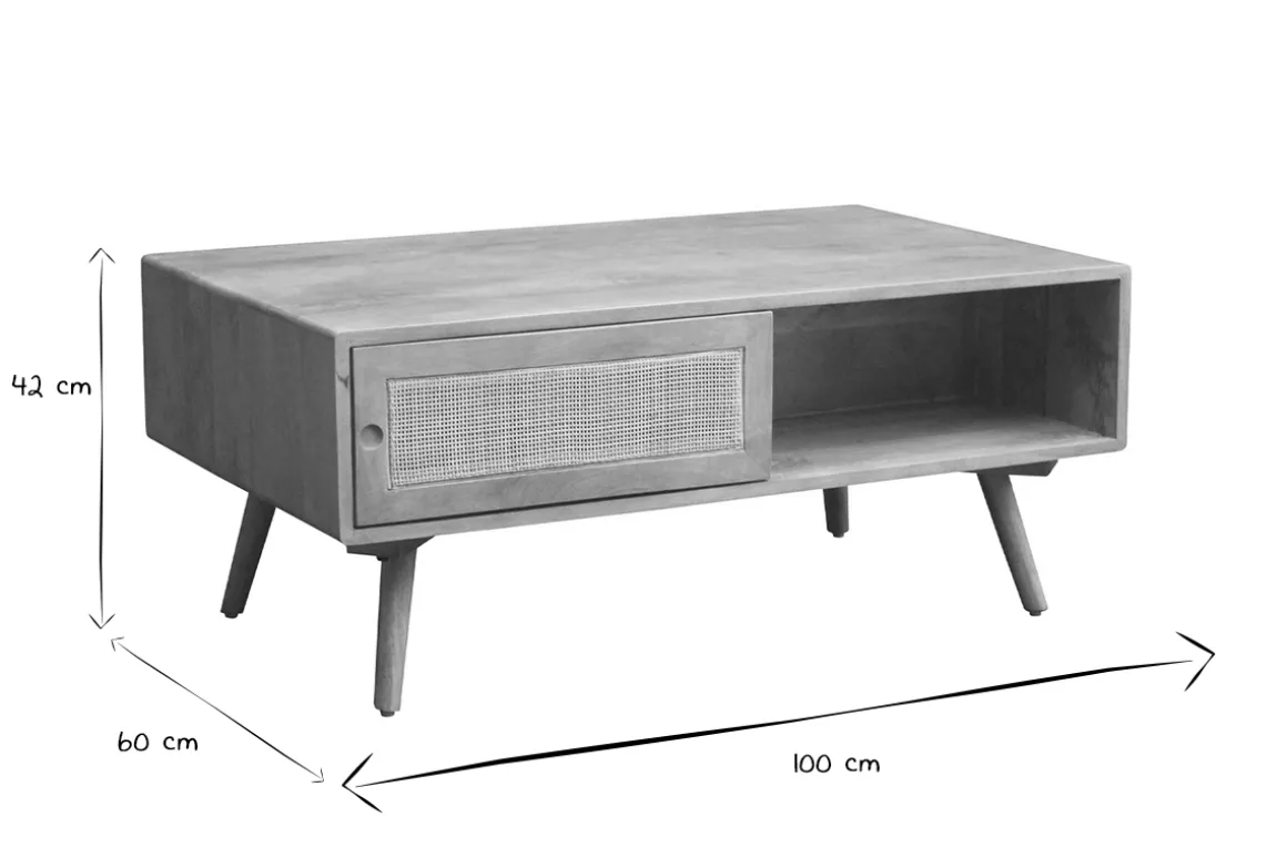 Miliboo Table Basse-Table basse rectangulaire avec rangements en bois manguier massif et cannage rotin L100 cm ACANGE