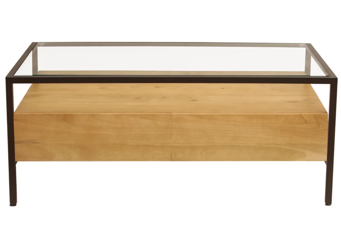 Miliboo Table Basse-Table basse rectangulaire avec rangements en bois manguier massif, verre et métal noir L100 cm SITA