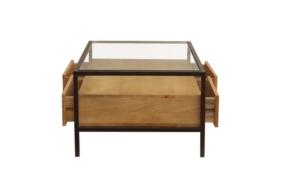 Miliboo Table Basse-Table basse rectangulaire avec rangements en bois manguier massif, verre et métal noir L100 cm SITA