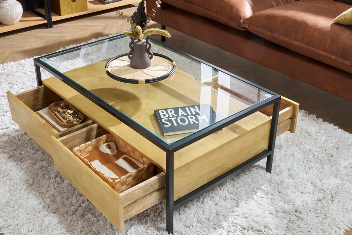 Miliboo Table Basse-Table basse rectangulaire avec rangements en bois manguier massif, verre et métal noir L100 cm SITA