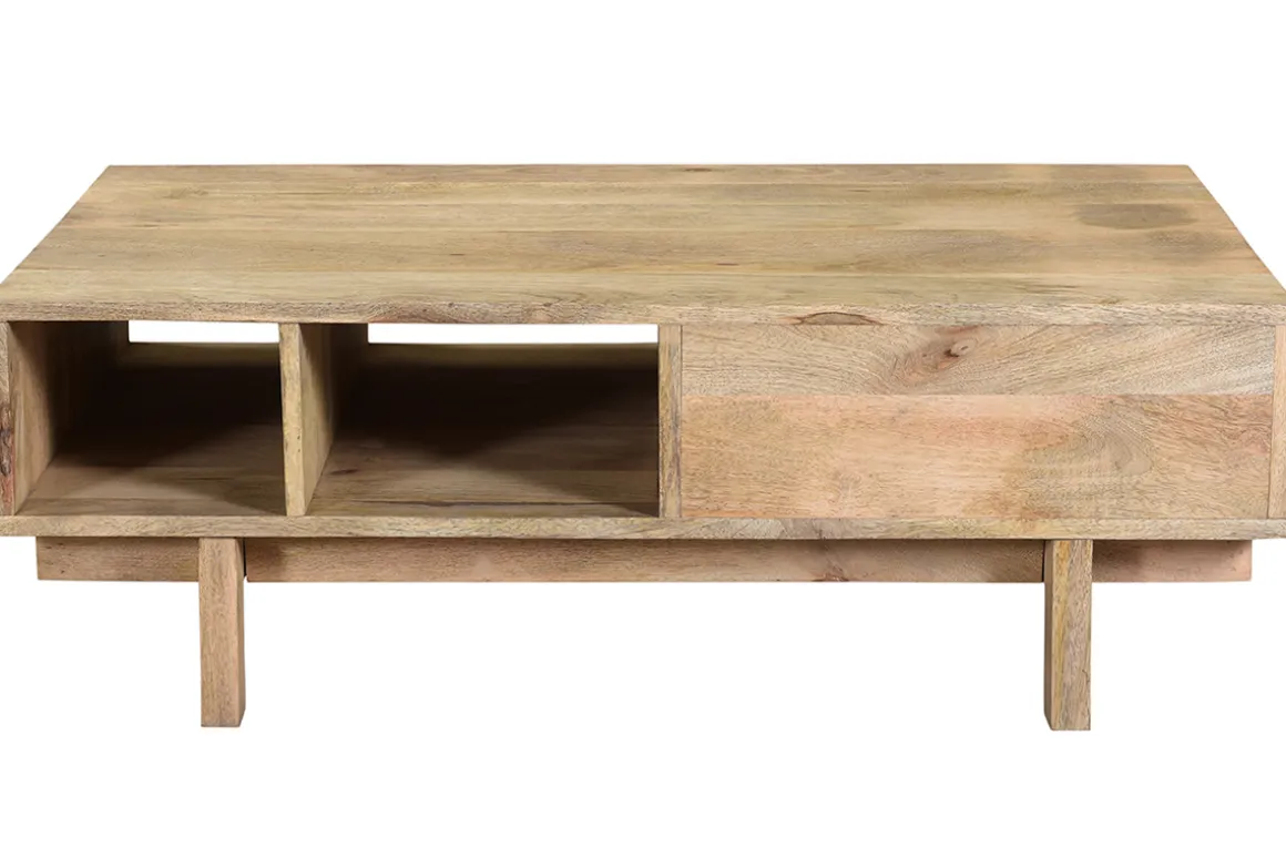 Miliboo Table Basse-Table basse rectangulaire avec rangements bois manguier massif gravé et détails dorés L100 cm ZAIKA