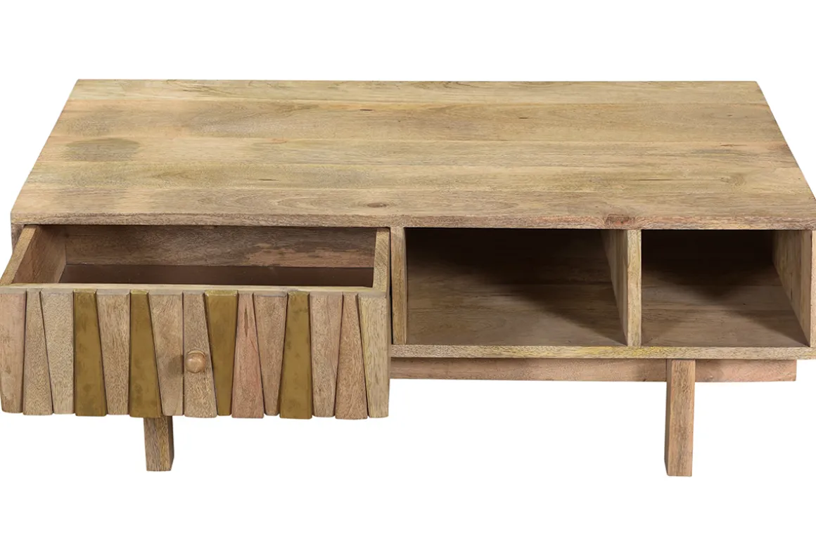 Miliboo Table Basse-Table basse rectangulaire avec rangements bois manguier massif gravé et détails dorés L100 cm ZAIKA