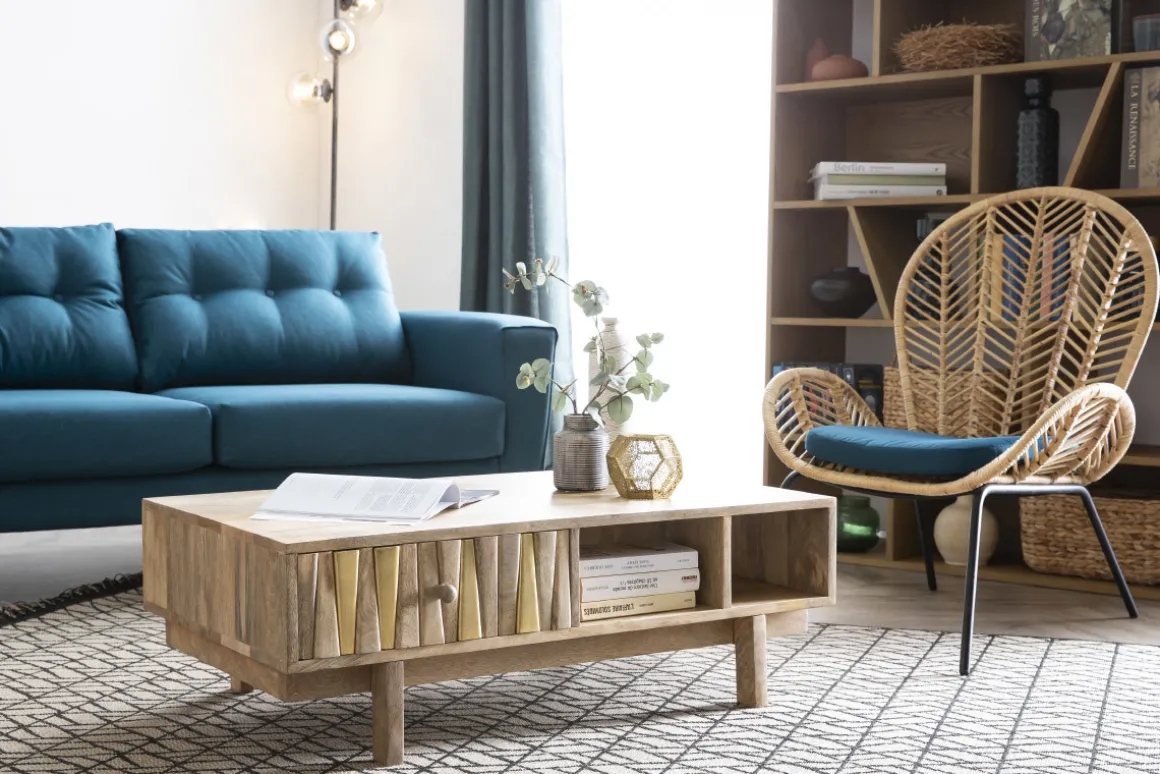 Miliboo Table Basse-Table basse rectangulaire avec rangements bois manguier massif gravé et détails dorés L100 cm ZAIKA