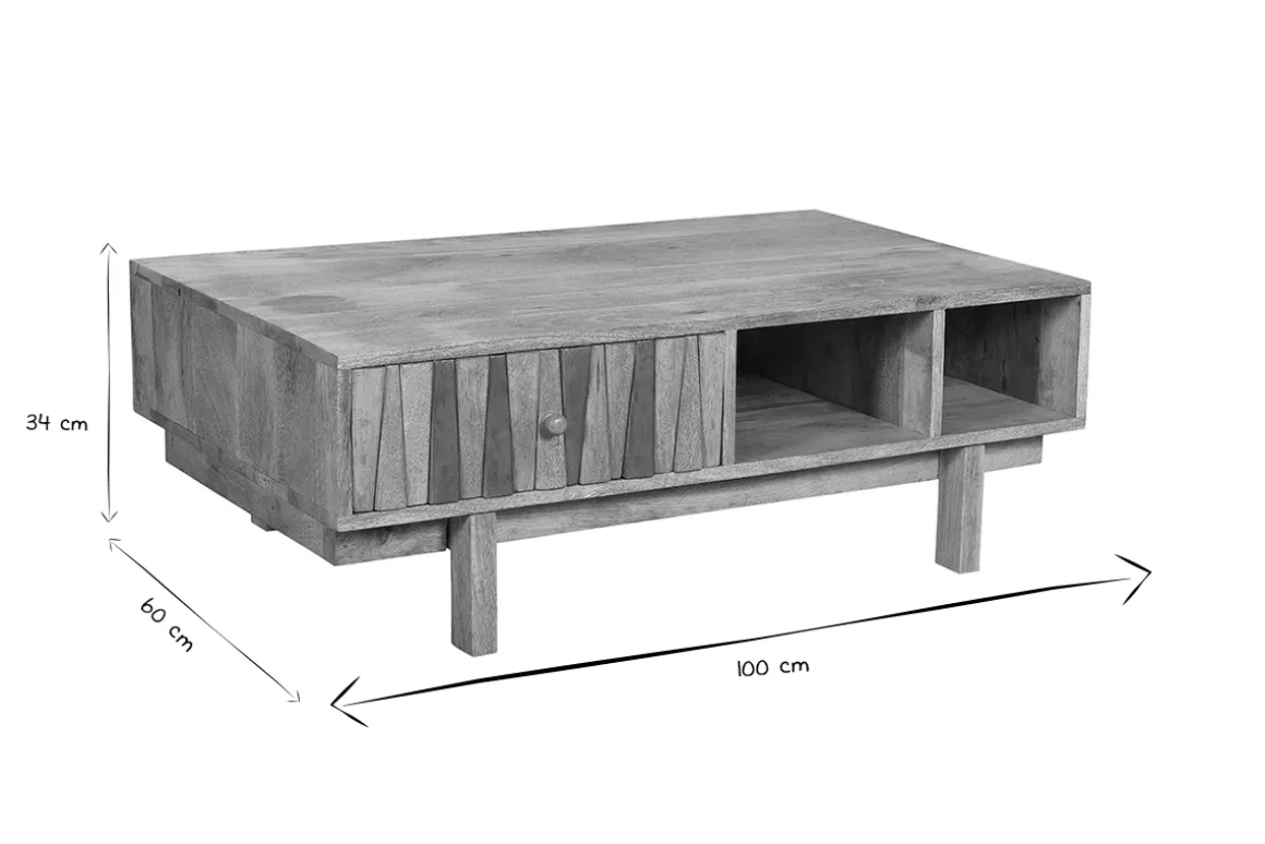 Miliboo Table Basse-Table basse rectangulaire avec rangements bois manguier massif gravé et détails dorés L100 cm ZAIKA