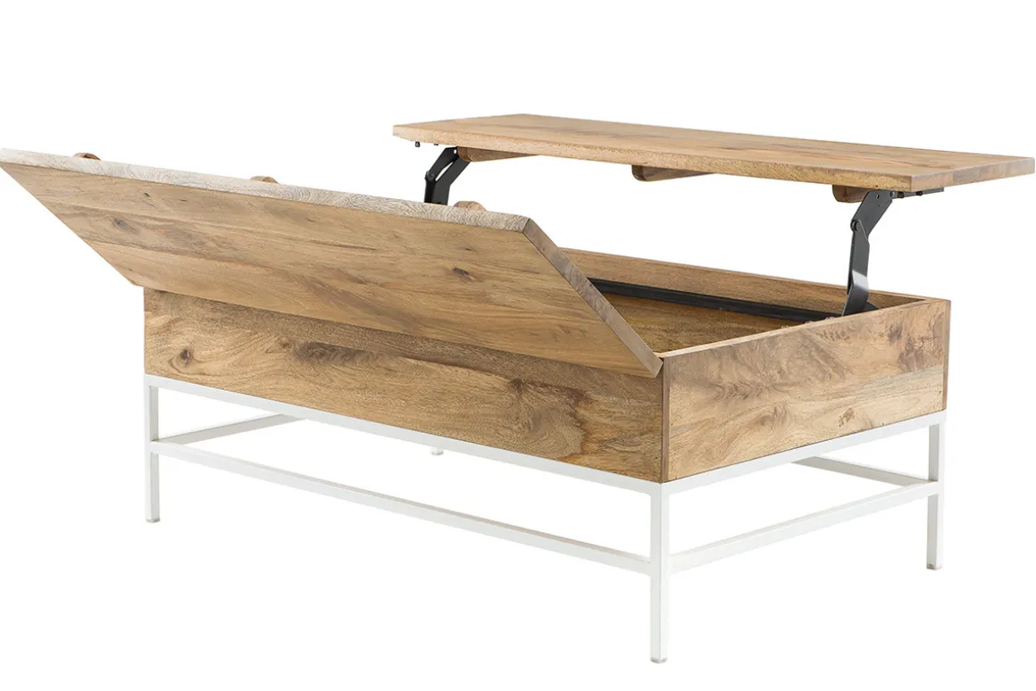 Miliboo Table Basse-Table basse relevable rectangulaire bois manguier massif et métal blanc L110 cm BOHO