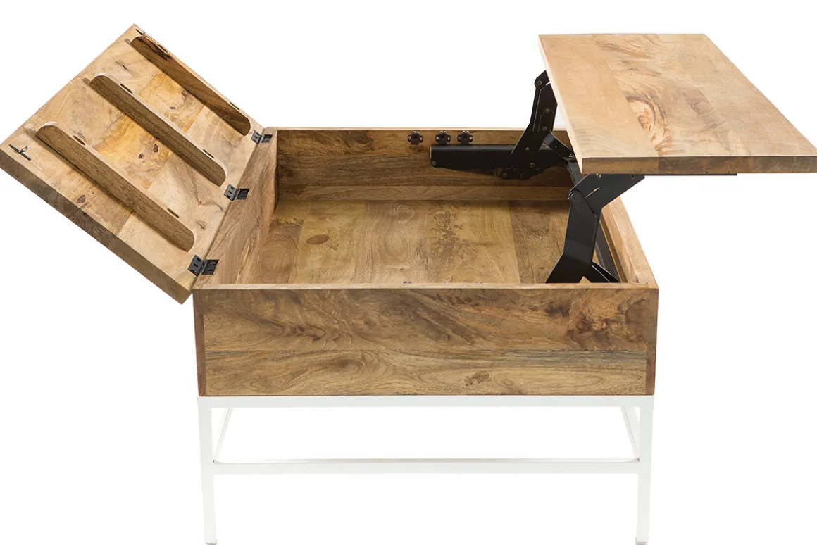 Miliboo Table Basse-Table basse relevable rectangulaire bois manguier massif et métal blanc L110 cm BOHO