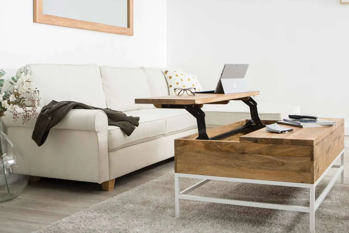 Miliboo Table Basse-Table basse relevable rectangulaire bois manguier massif et métal blanc L110 cm BOHO