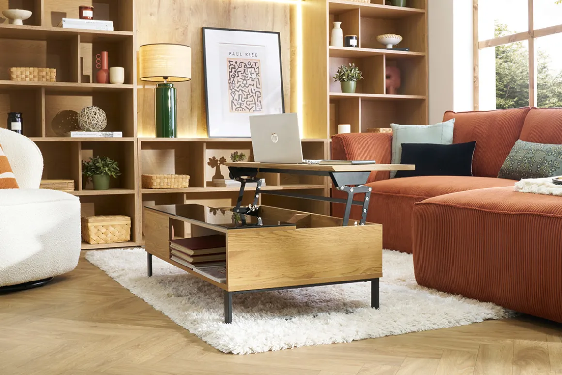 Miliboo Table Basse-Table basse relevable rectangulaire bois clair et métal noir L110 cm WYNN