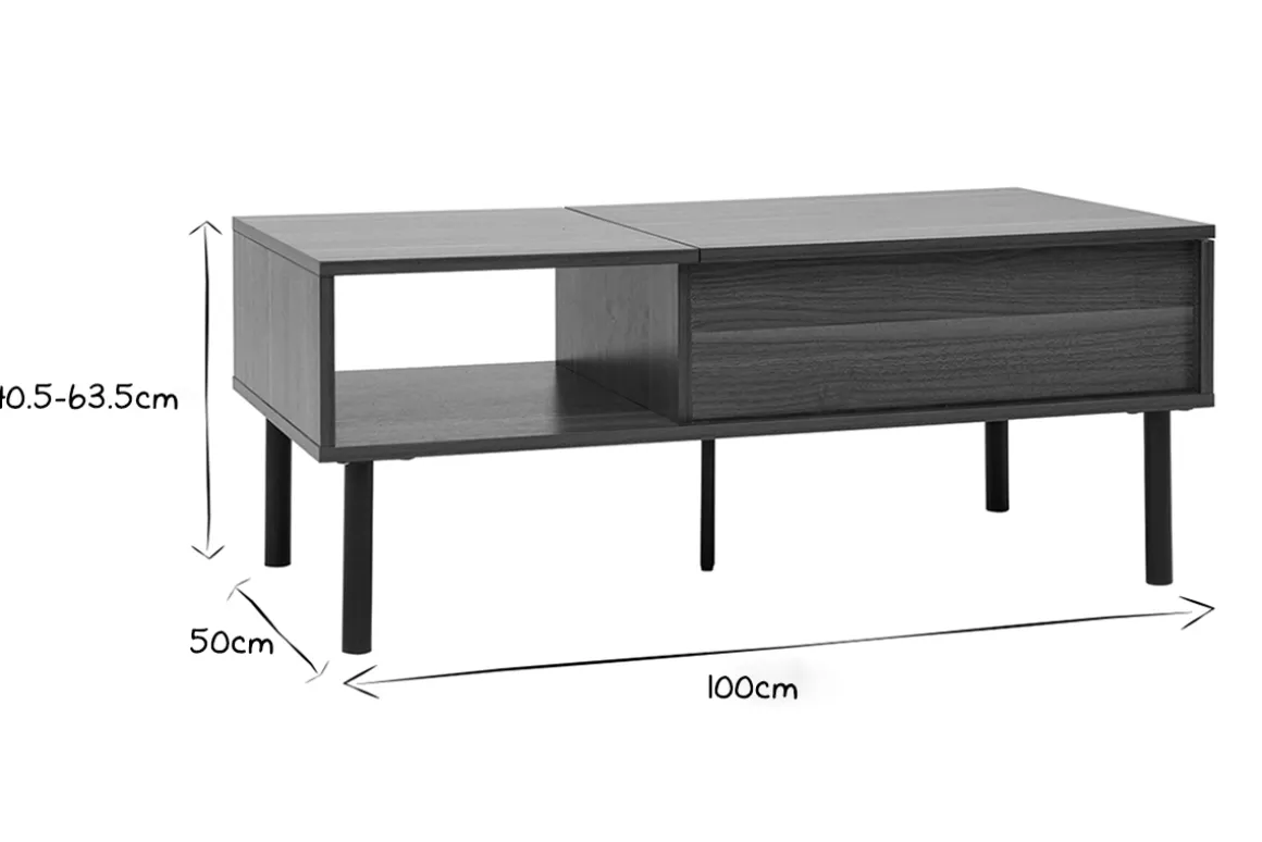 Miliboo Table Basse-Table basse relevable rectangulaire bois foncé finition noyer et métal noir L100 cm KANE