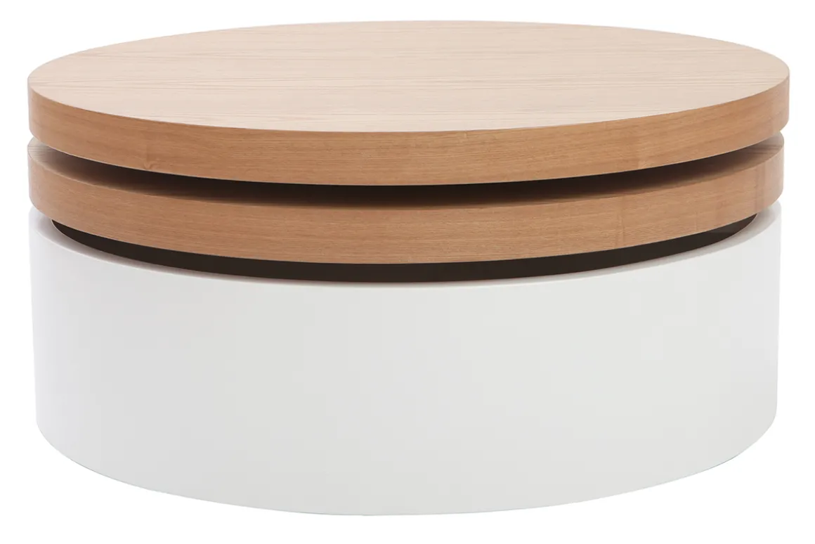 Miliboo Table Basse-Table basse ronde avec plateaux pivotants et rangement blanc et bois clair chêne D80 cm ICON