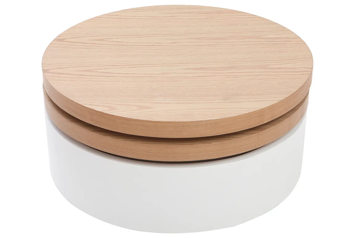 Miliboo Table Basse-Table basse ronde avec plateaux pivotants et rangement blanc et bois clair chêne D80 cm ICON